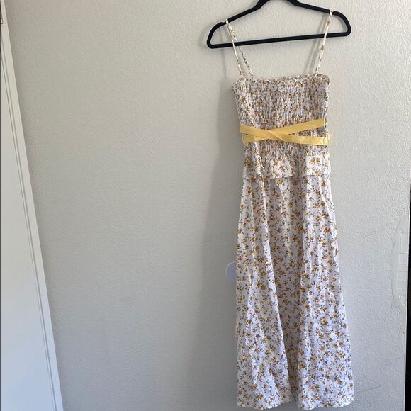 Reformation Miles Floral Yellow & White Ribbon Wrap Smocked Linen Dress Large - Picture 2 of 10